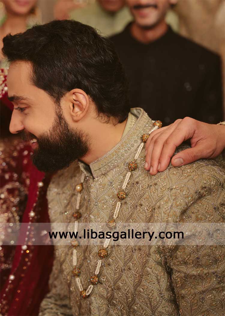Olive hand embellished groom wedding sherwani