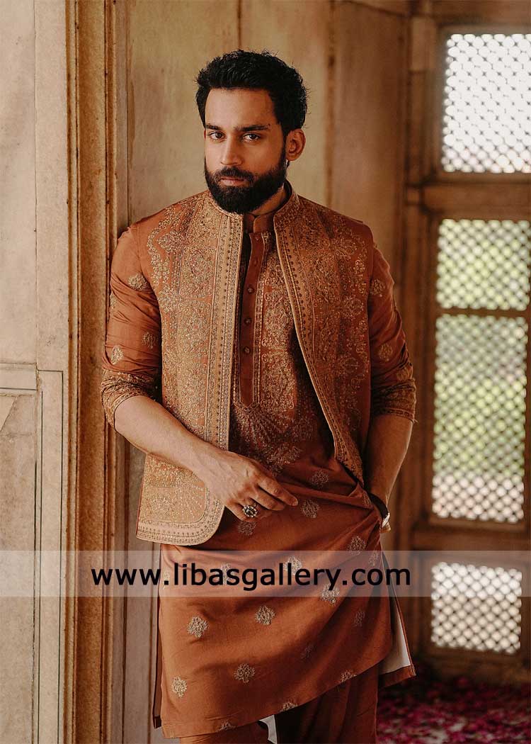 traditional design waistcoat orange with front patch borders round hem traditional design waistcoat orange with front patch borders round hem