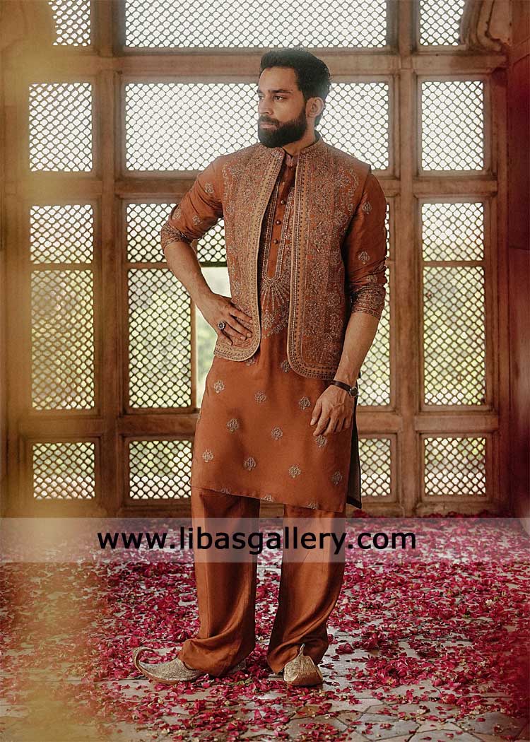 Orange embroidered waistcoat rounf hem style