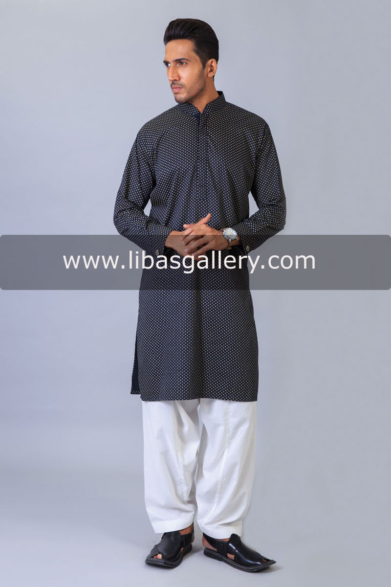 small check print kurta for mens with white shalwar