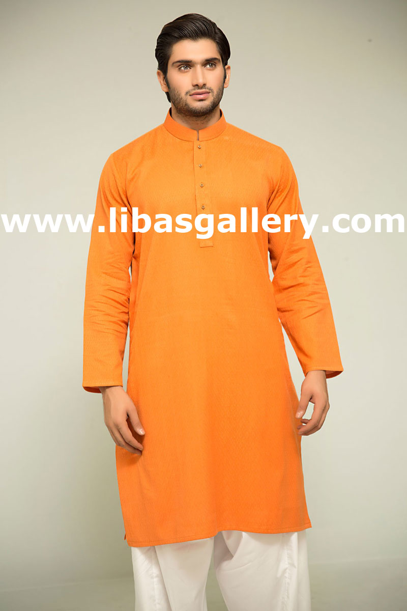 wash and wear mens orange kurta and white shalwar