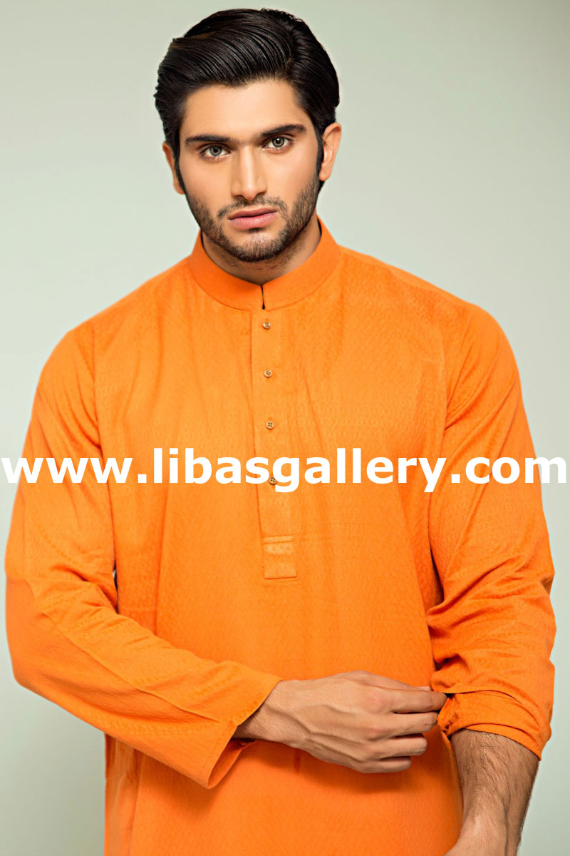 wash and wear mens orange kurta and white shalwar