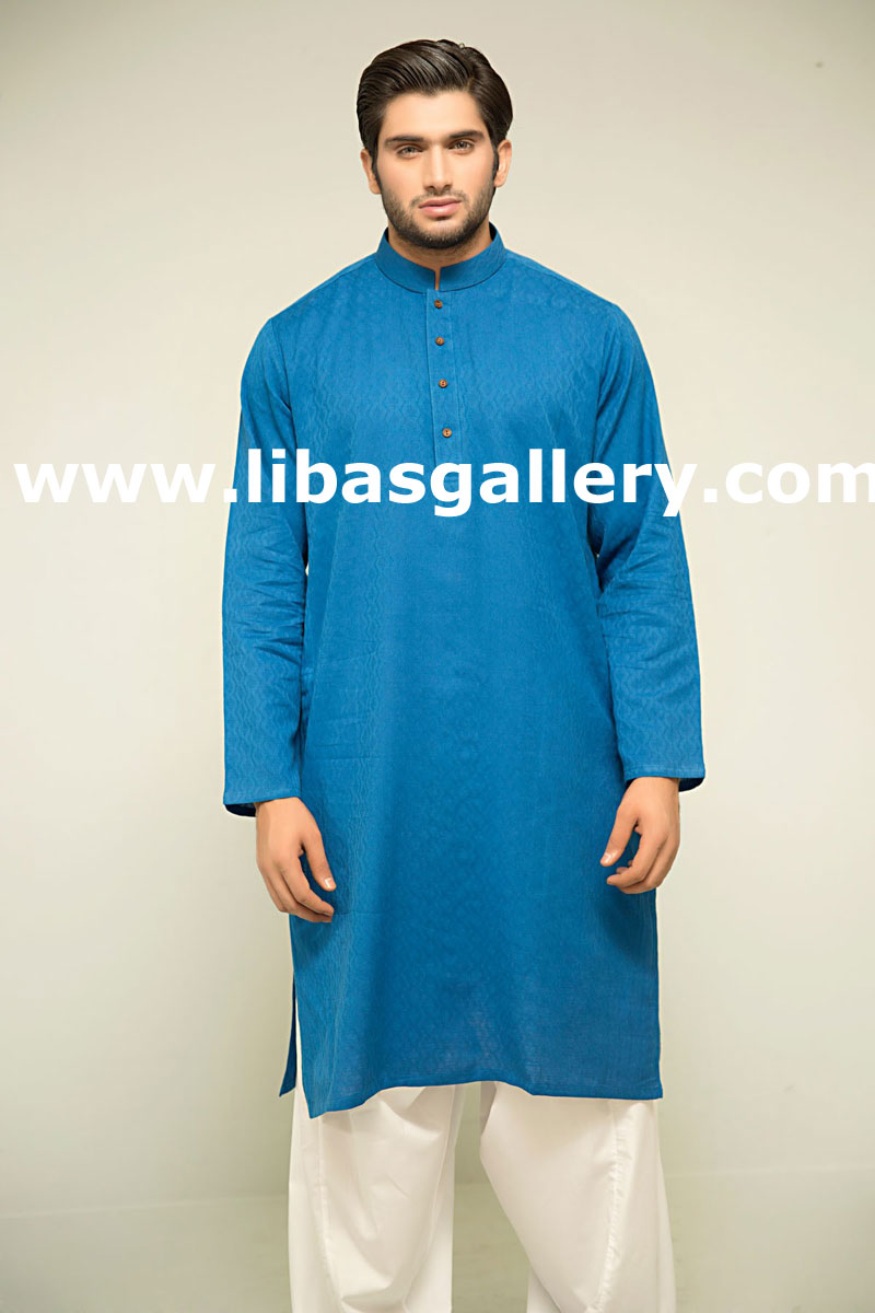 blue mens kurta in wash and wear fabric