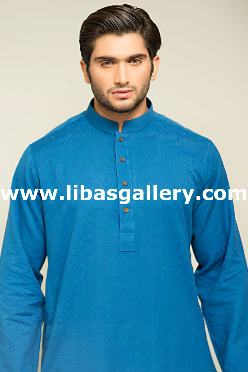 blue mens kurta in wash and wear fabric