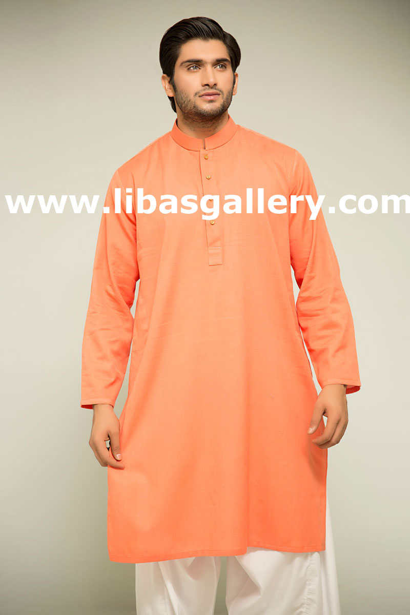 peach orange male kurta style with white regular shalwar 