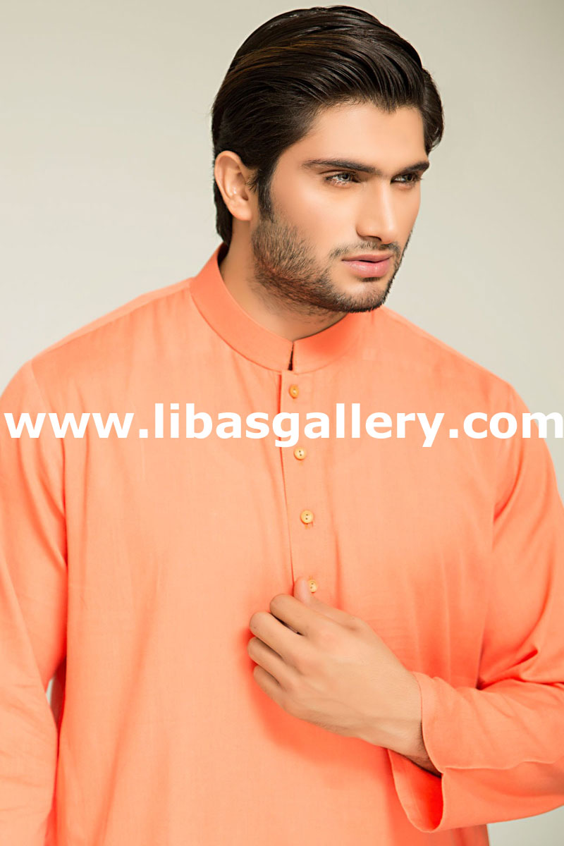 peach orange male kurta style with white regular shalwar 