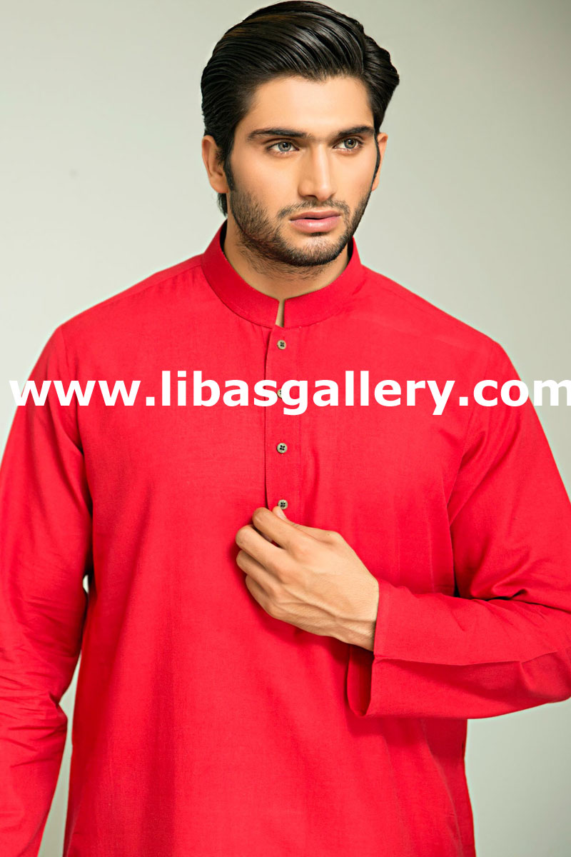 Red kurta suit for mens with white classic shalwar 