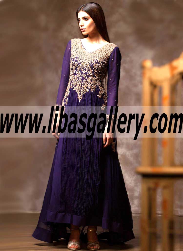 Indigo high low style anarkali shirt with crushed pure chiffon front panel gold silver mix hand work raw silk trouser germany uk usa dubai Indigo high low style anarkali shirt with crushed pure chiffon front panel gold silver mix hand work raw silk trouser germany uk usa dubai