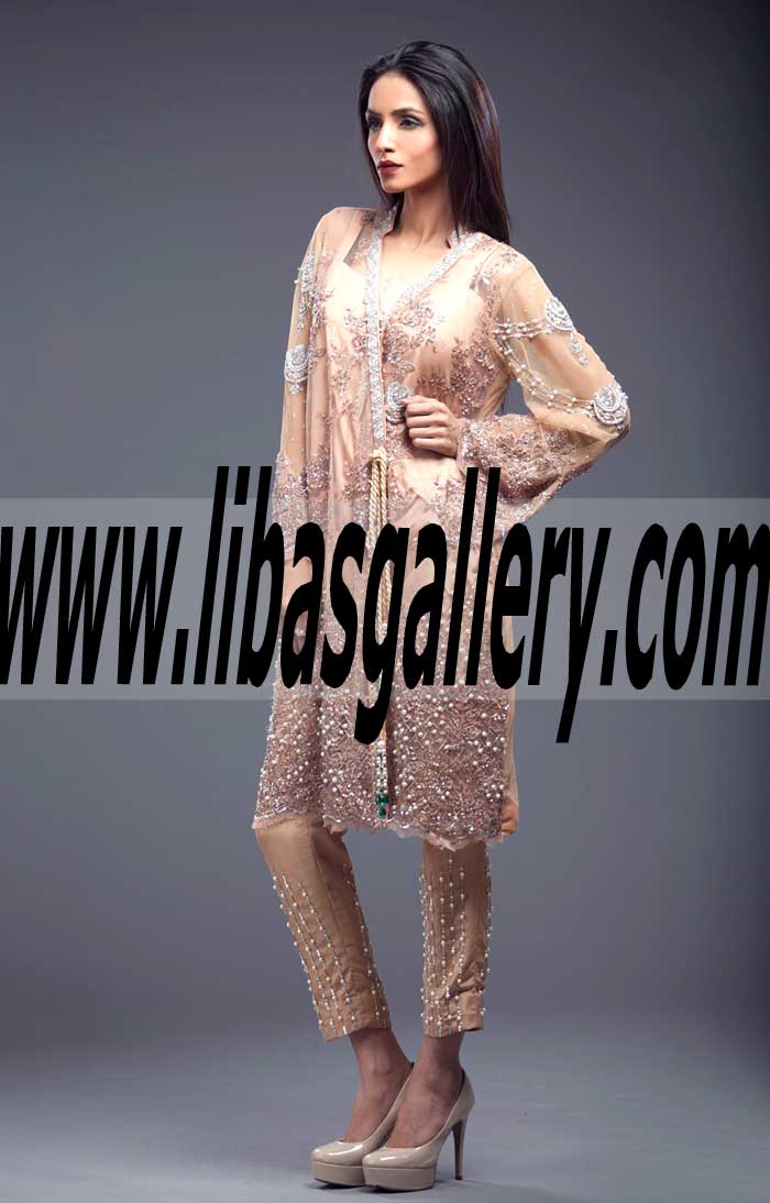 Buy Latest Pakistani Designer Party Dresses in Apricot Color