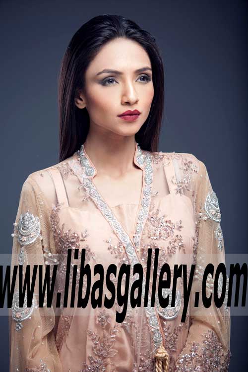 Buy Latest Pakistani Designer Party Dresses in Apricot Color