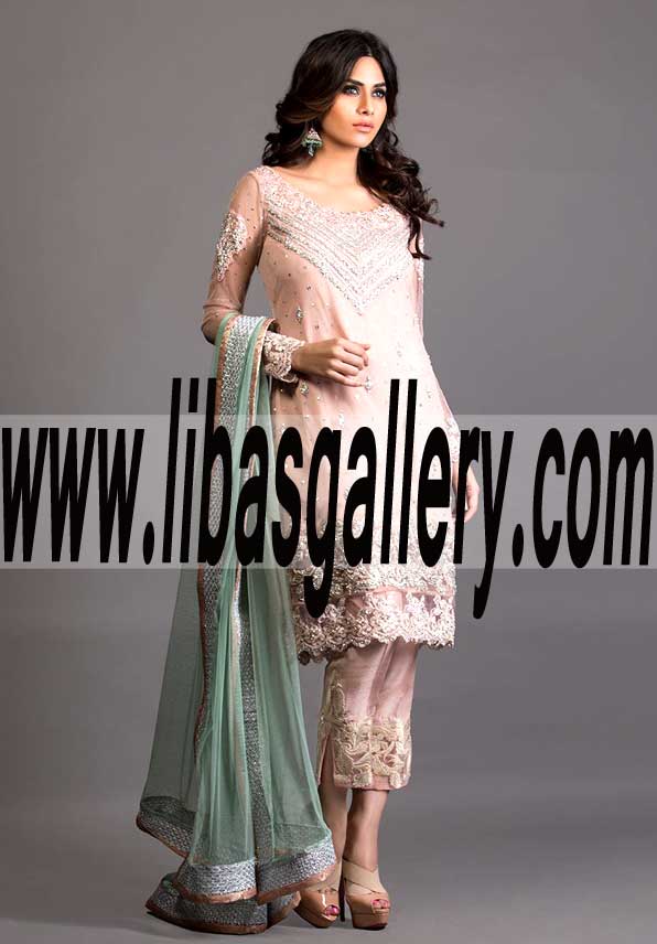 Enchanting SALMON PINK AND PISTACHIO GREEN EMBELLISHED OUTFIT for Formal Events