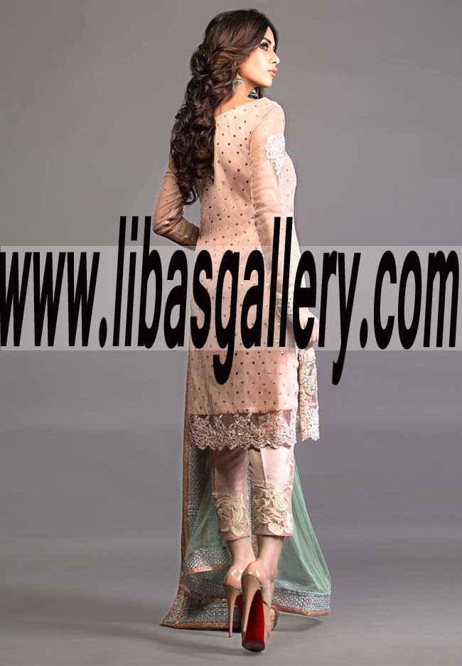 Enchanting SALMON PINK AND PISTACHIO GREEN EMBELLISHED OUTFIT for Formal Events