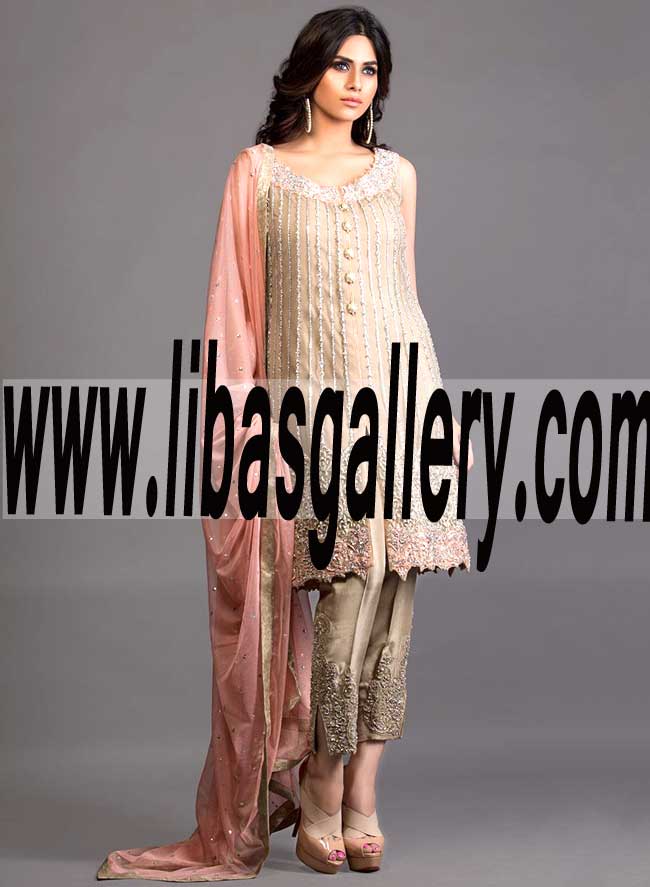 Fashionable BEIGE FRONT OPEN Prominent EMBELLISHED ENSEMBLE for Party and Formal Events