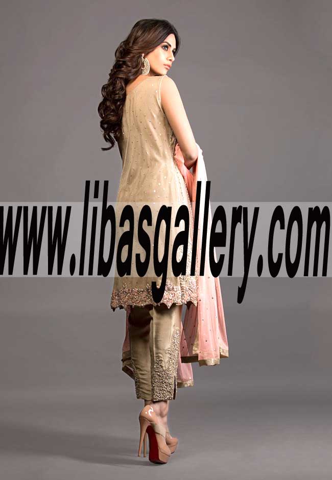 Fashionable BEIGE FRONT OPEN Prominent EMBELLISHED ENSEMBLE for Party and Formal Events