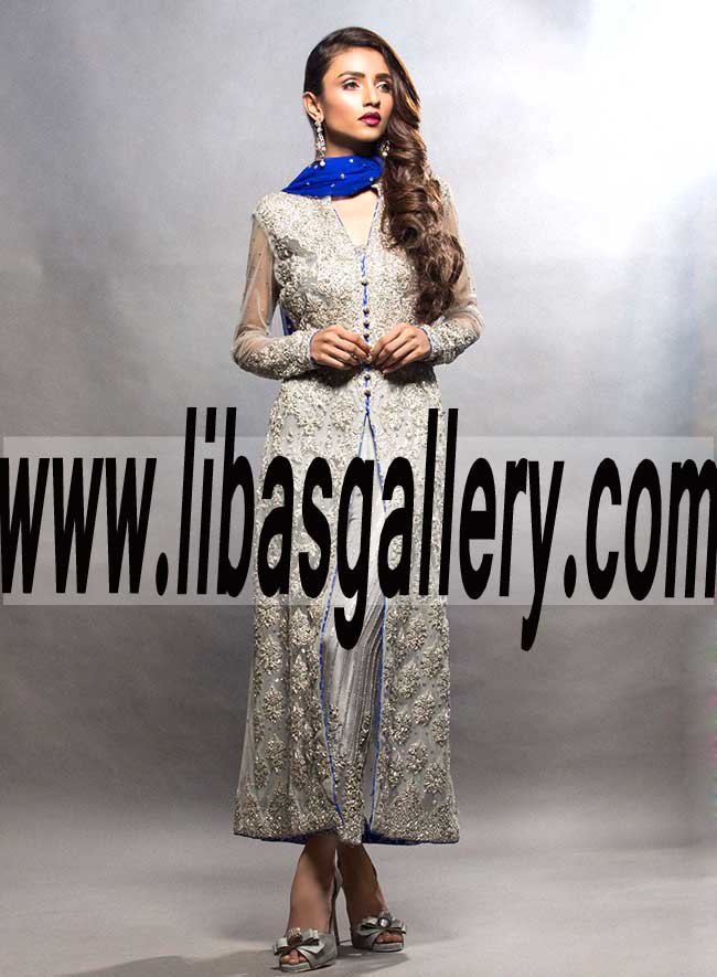 Miraculous Designer LONG GREY SHIRT WITH COBALT DUPATTA for Party and Formal Events