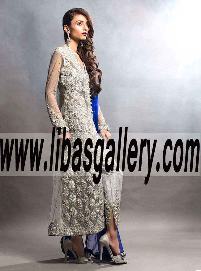 Miraculous Designer LONG GREY SHIRT WITH COBALT DUPATTA for Party and Formal Events