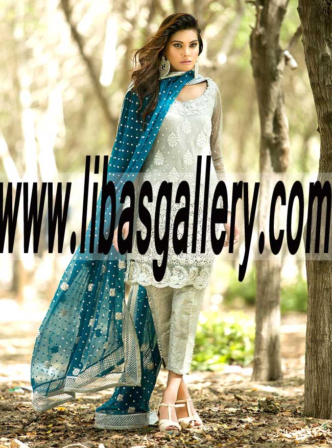Voguish Pakistani Designer SILVER AND TEAL DRESS for Evening and Party