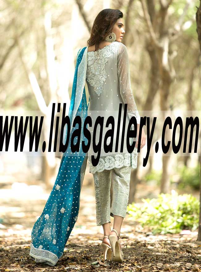 Voguish Pakistani Designer SILVER AND TEAL DRESS for Evening and Party