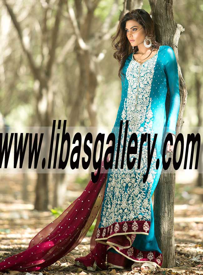 Attractive TEAL CHIFFON FLOOR LENGTH Anarkali DRESS for PARTY and Special Occasions