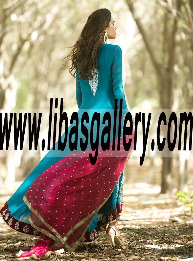 Attractive TEAL CHIFFON FLOOR LENGTH Anarkali DRESS for PARTY and Special Occasions