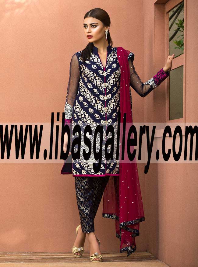 Alluring Designer NAVY BLUE FLORAL Party Dress for Formal and Social Events