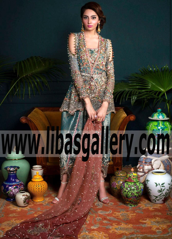 Stylish Party Dress with Marvelous Embellished Tulip Shalwar for Formal Parties and Special Occasions