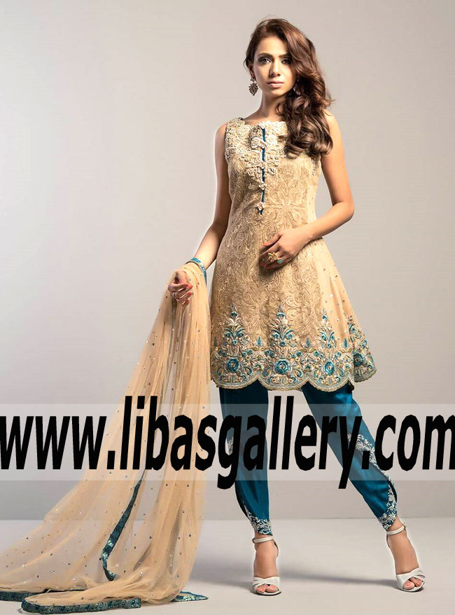 Enchanting BEIGE GOLD WITH TEAL Party Dress for Evening and Social Events