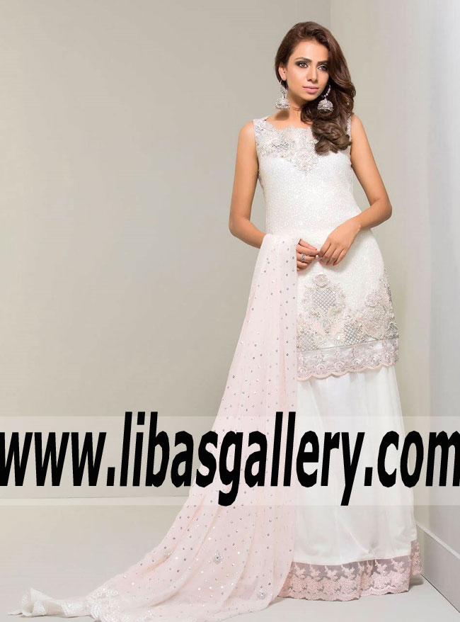Dreamy WHITE AND POWDER PINK Evening Dress for Party and Formal Events