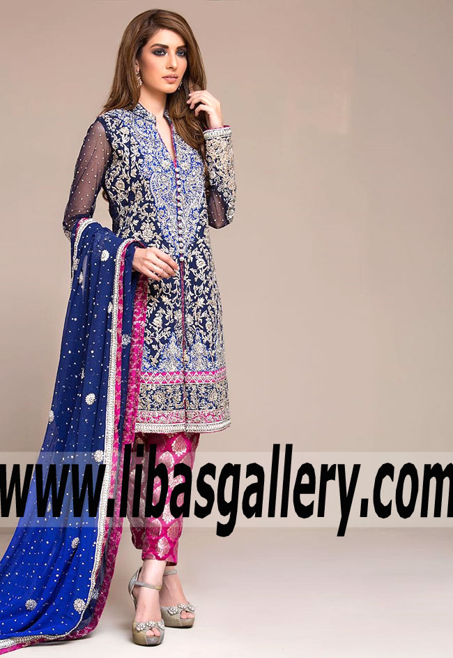 Desirable ROYAL BLUE AND CHERRY PINK Evening Dress for Party and Formal Occasions