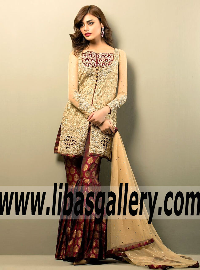 Amazing BEIGE GOLD AND MAROON Embellished Shirt with Jamawar Gharara Pants Dress