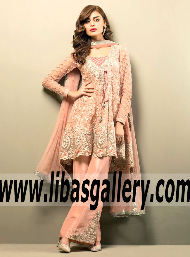 Wonderful SALMON PINK ANGRAKHA Evening Dress for Party and Formal Occasions