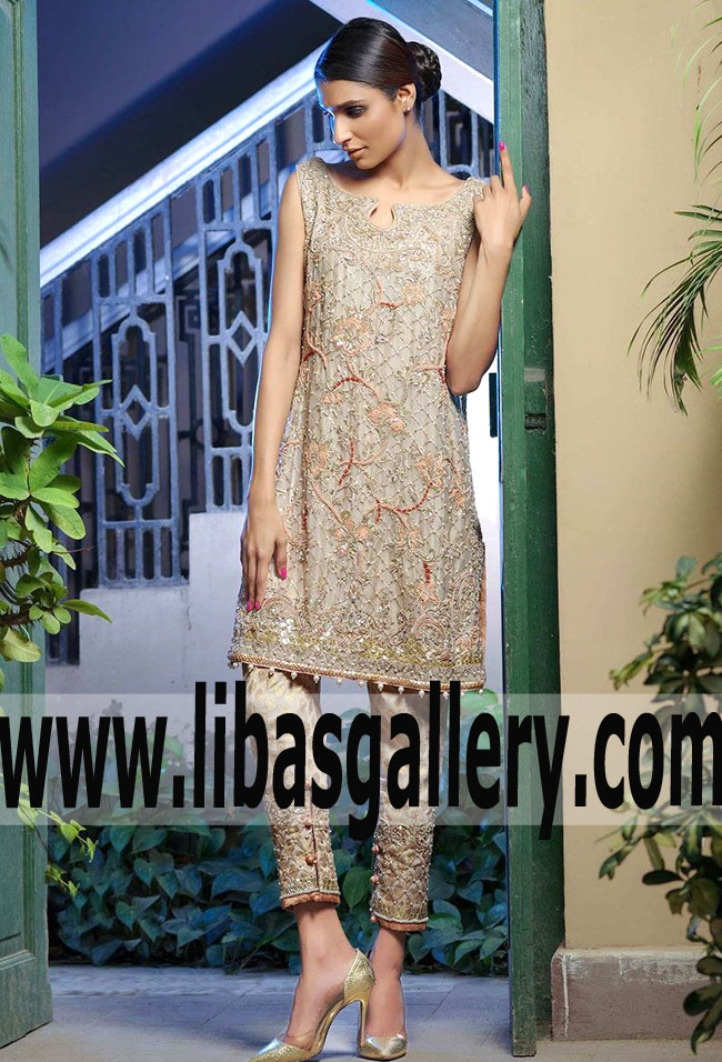 Exclusive GOSSAMER WING Hyderabadi beige heavy Party Dress for Your Next Major Events