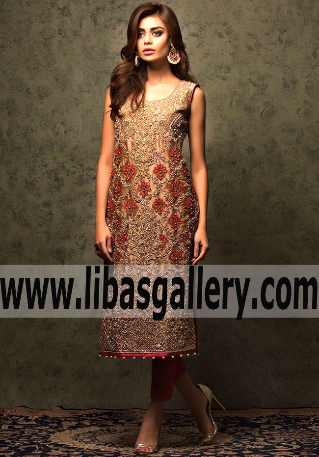 Awesome AAINA Gold Embellished Party Dress with jamwar pants for Wedding and Special Occasions