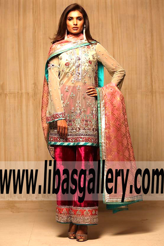Striking Indian Net Hand Embroidered and Worked Party Dress for Party and Formal Events