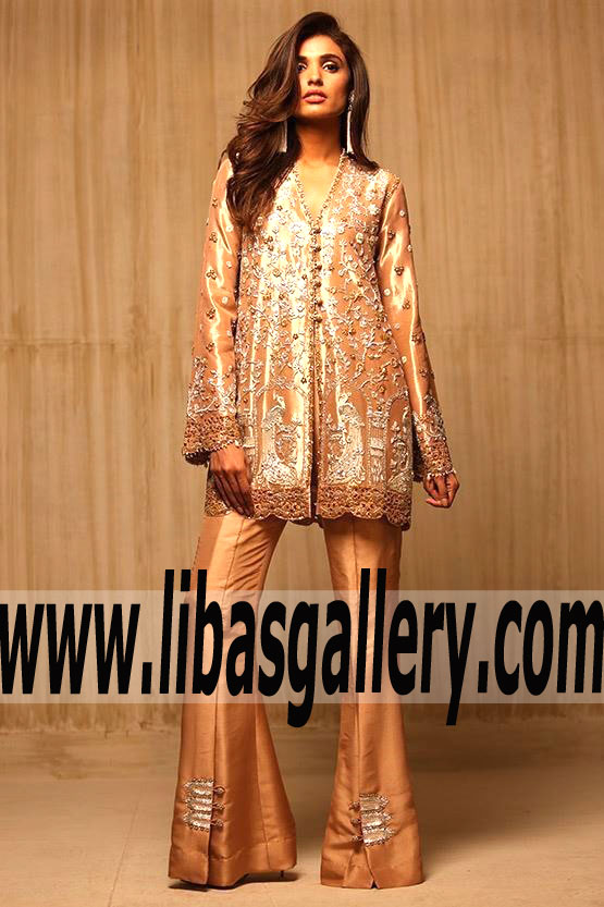 Ravishing Banarasi Tissue Embroidered with heavy zardoze work Front-Open Party Dress for Evening and Formal Occasions