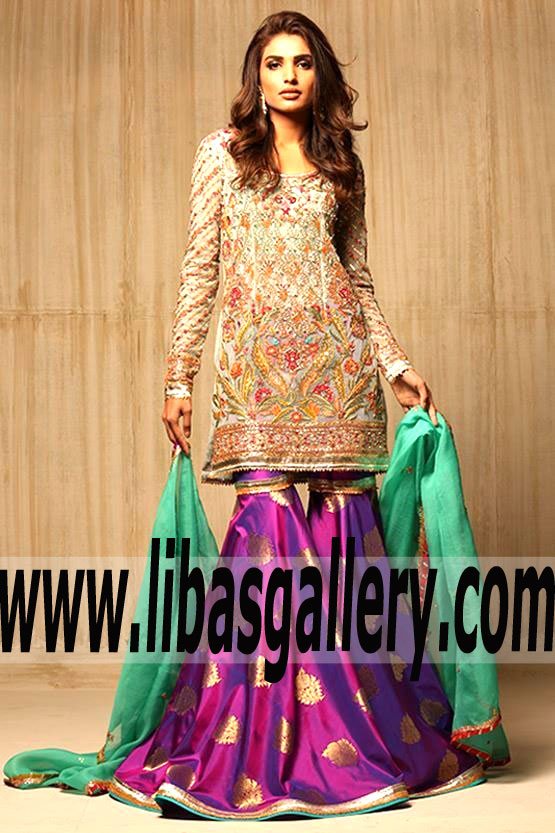 Prominent Indian Net Gota and Resham Worked Designer Party Dress with Gharara pants for Evenings and Parties