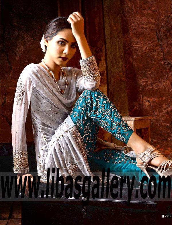 Latest Light Gray Celosia Party Wear