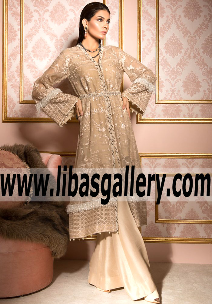 Pakistani Party Dresses Ontario, Canada Champagne Chinioserie Party Dress by Elan