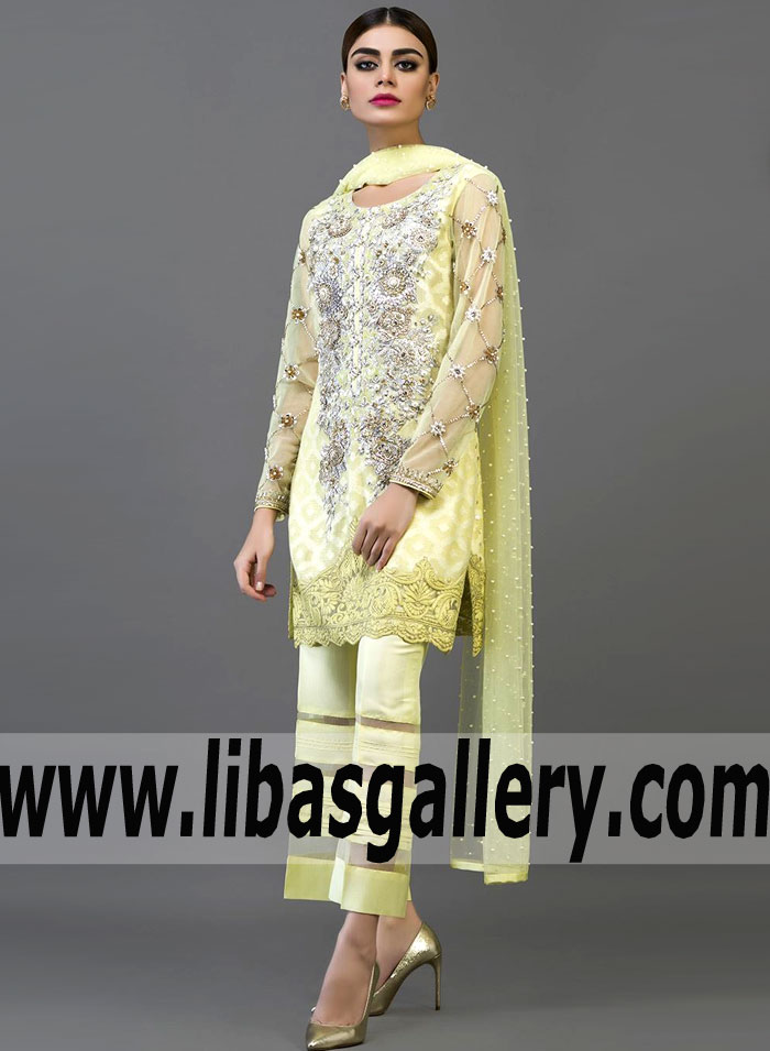 Pakistani Designer Party Wear Dress 2018 Nomi Ansari Dresses in Yellow Silver USA, Canada