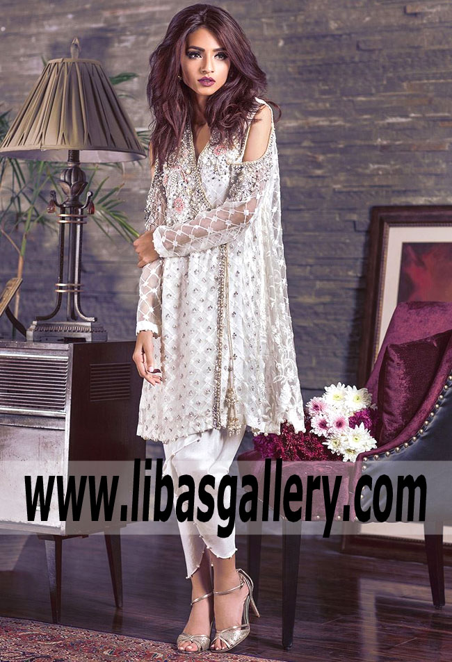 Annus Abrar Latest Party Dresses Pakistan Pioneering White Angrakha Norway, Denmark, Sweden, Austria, Holland