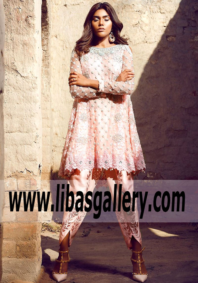 Graceful Pink Aster Party Dress with Tulip Shalwar