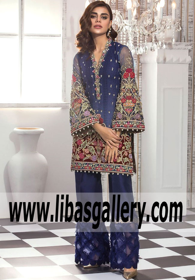 Magnificent Sapphire Dahlia Embroidered Dress