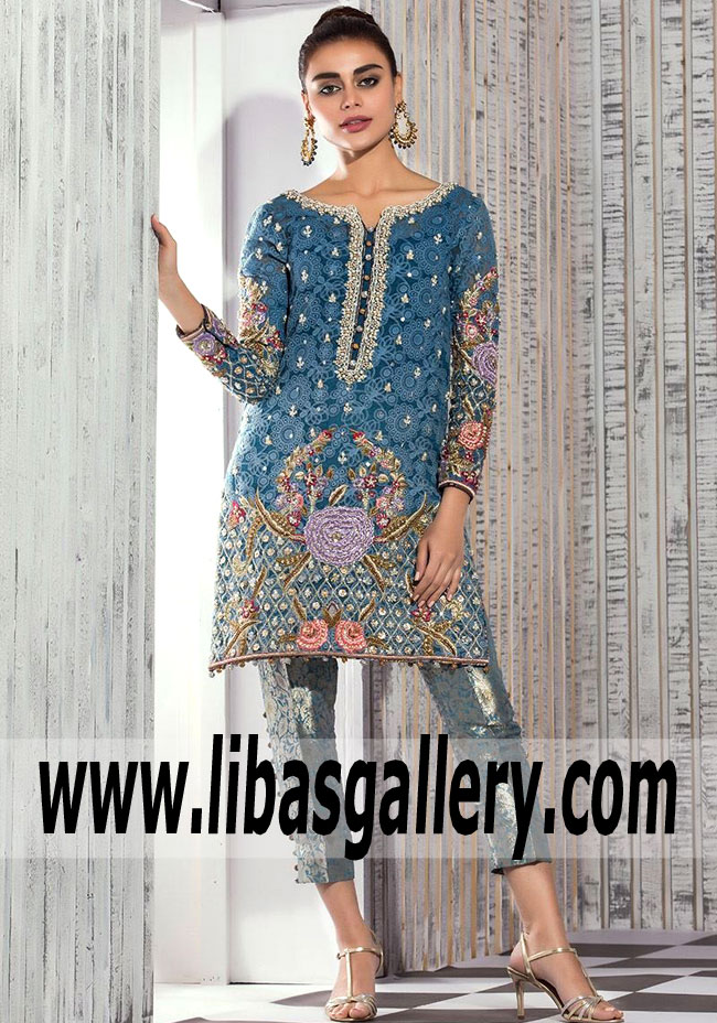 Chic Sapphire Arum Embroidered Designer Dress