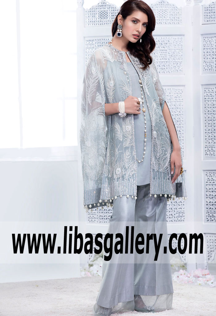Exciting Cadet Grey Party Wear Embroidered Cape Suits