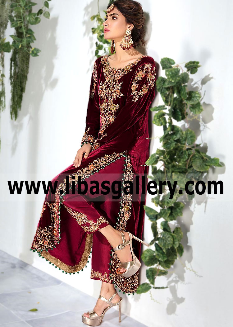 Luxurious Maroon Velvet Heavily Embellished Dress for Evening and Formal Events