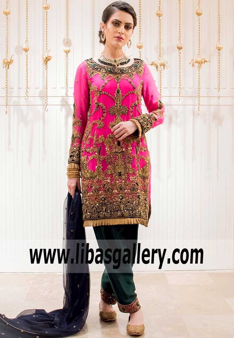 Extraordinary Artistic Pink Green Shalwar Kameez