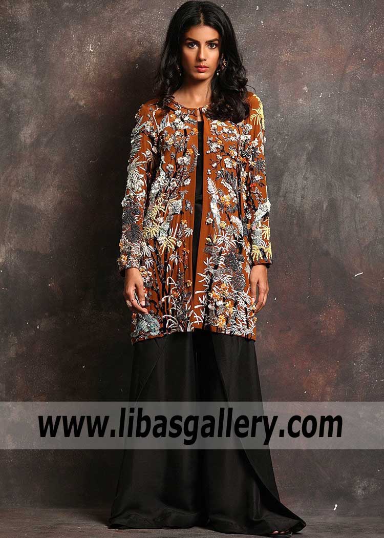 Luxurious Fulvous Pakistani Designer Jacket Dress