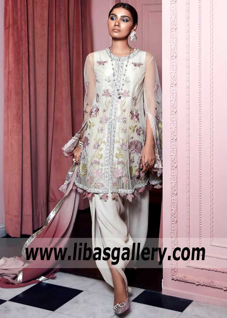 Exquisite Eggwhite Party Dress with Tulip Shalwar