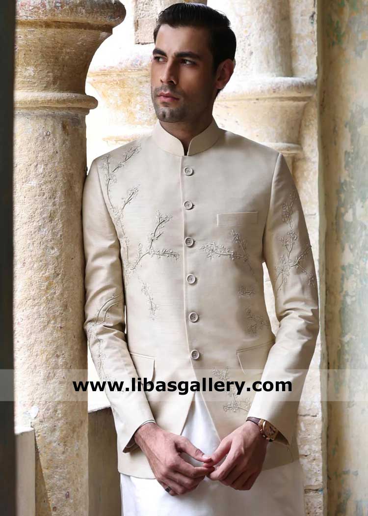 Premium Embroidered Beige prince coat Style