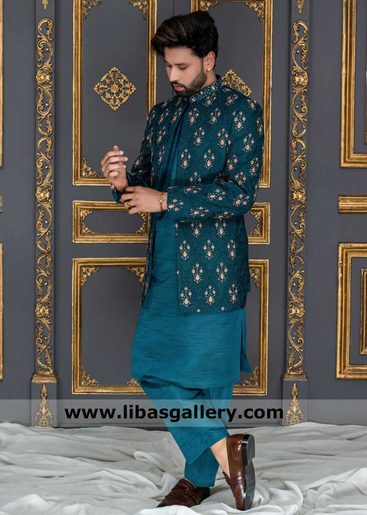 Luxury Teal Embroidered Groom Prince Coat